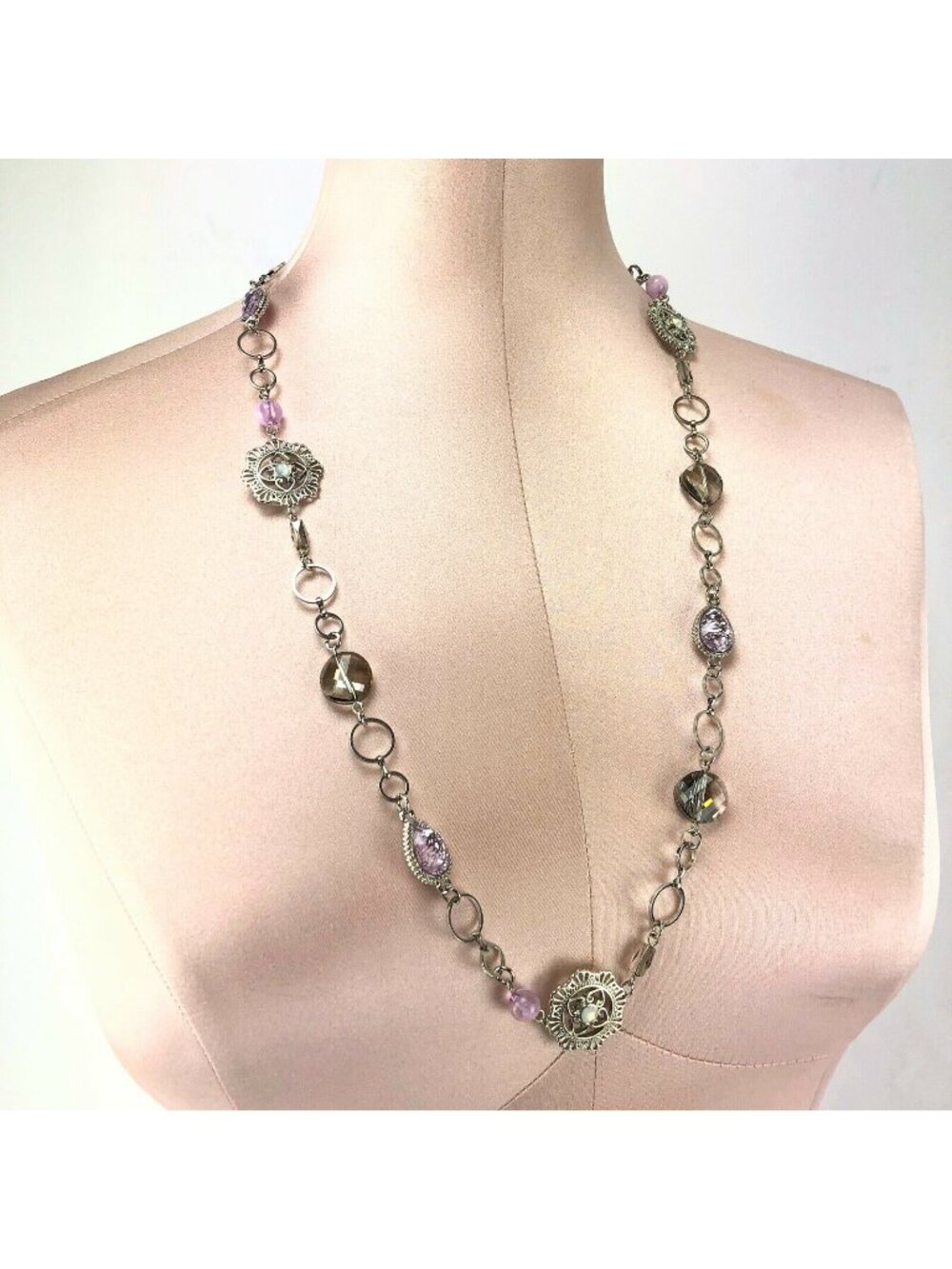 Kohl's Metal Necklace Long Silver-tone Glass Beads Pink Accents